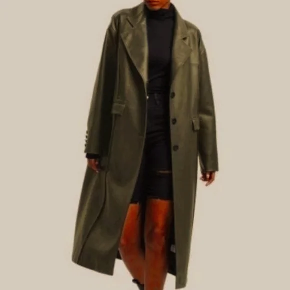 Faux Leather Trench Coat with Pinched Pleats (Olive Green) - DEPT ANONYM - Picture 4 of 8